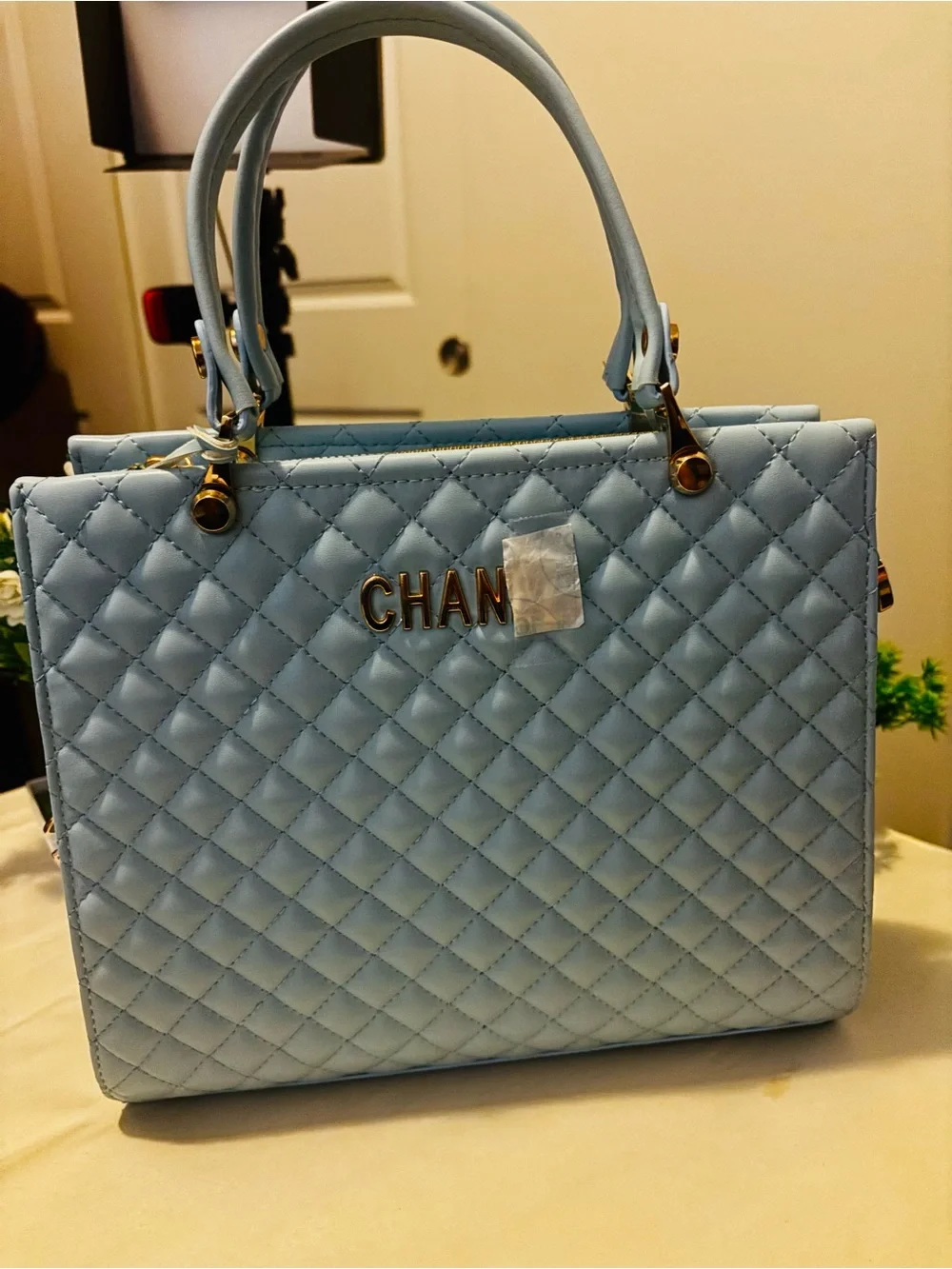 Source Unknown Quilted Light Blue Top-Handle Tote